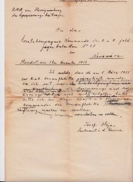 63-1328 1916 Ellátmány kérése a 28. Határvadász század részére Kevevára (Szerbia)