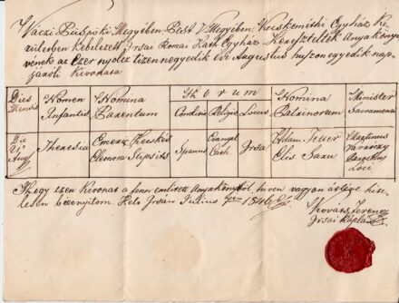 63-1302 1846 Keresztelési anyakönyvi kivonat az irsai plébániatemplom anyakönyveiből, latin és magyar nyelven, rányomott viaszpecséttel