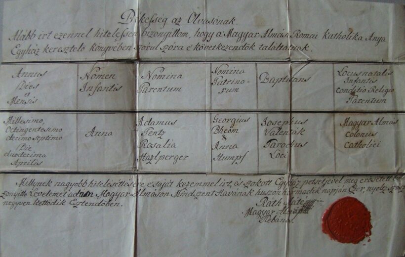63-1304 1842 Keresztelési anyakönyvi kivonat az magyaralmási plébániatemplom anyakönyveiből, latin és magyar nyelven, rányomott viaszpecséttel