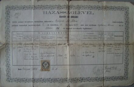 63-1338 1889 Házasságlevél a budapesti Sz. Rókus plébánia anyakönyveiből, magyar nyelven, 50 Kr bélyeggel. Érdekessége, hogy halálos ágy mellett kötette az esketés