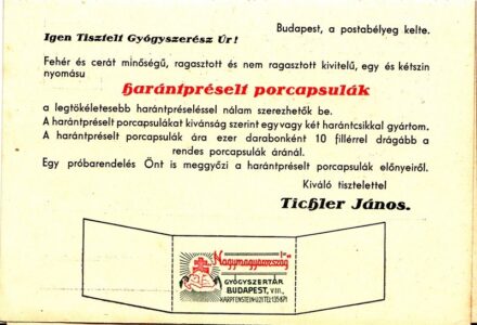 63-974 Tichler János gyógyszerészeti papaíráruk gyárának reklám lapja (Kitöltettlen)