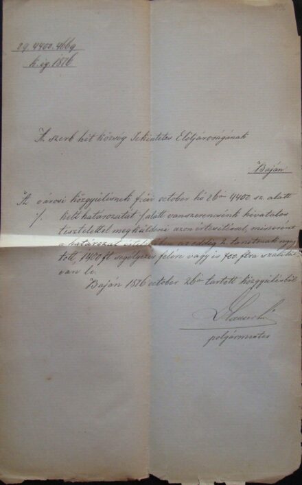 63-996 1876. Szerb Hitközségnek írt levél Baja polgármesterének aláírásával.