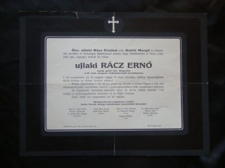 63-913 1938 Gyászjelentés ujlaki Rácz Ernő (1864-1938) győri kir. főügyész haláláról