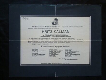 63-915 1941. Hritz Kálmán MÁVAG műszaki tanácsos, osztályfőnök halotti értesítője, dr. Merva László segéd lelkész részére küldve Budapestre