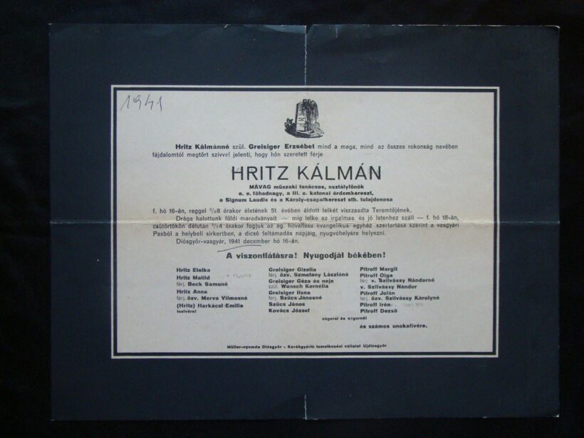 63-915 1941. Hritz Kálmán MÁVAG műszaki tanácsos, osztályfőnök halotti értesítője, dr. Merva László segéd lelkész részére küldve Budapestre