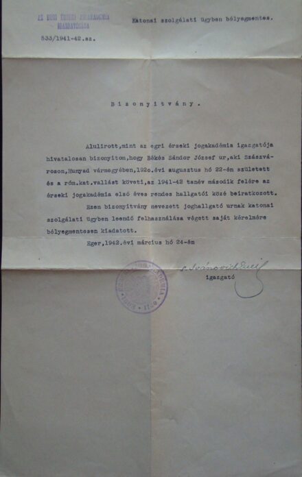 63-1154 1942 Bizónyítvány az Egri Érseki Jogiakadémia pecsétjével