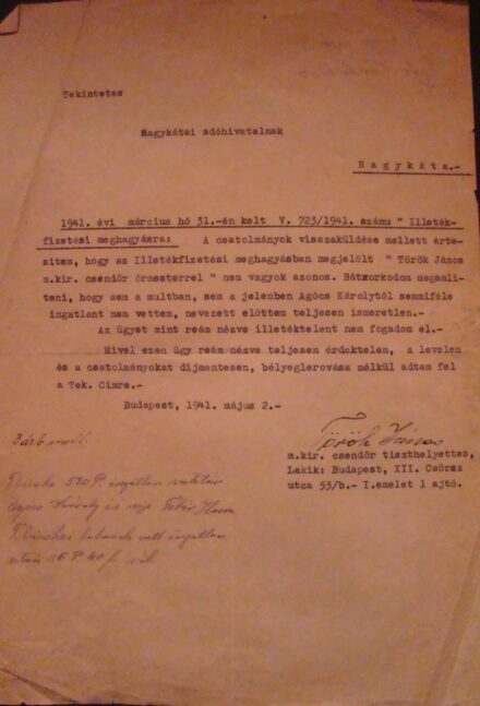 63-752 1941 Török János csendőr örmester levele a Nagykátai Adóhívatalnak