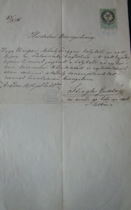 63-1692  1876 Hirdetési bizonyitvány, 50kr bélyeggel