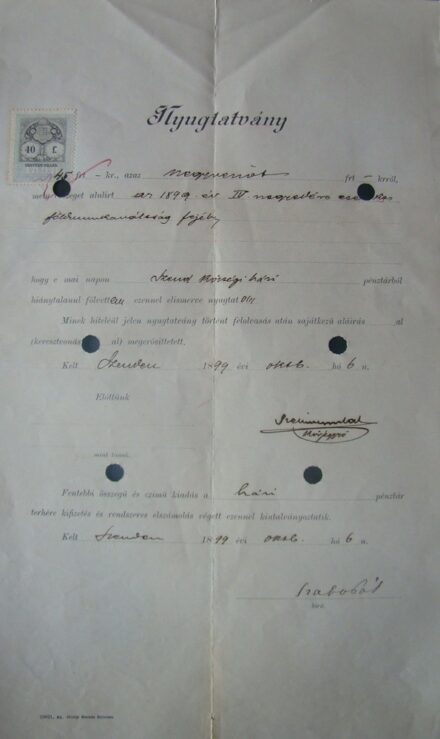 63-1694 1899 Nyugtatvány, 40 filléres bélyeggel