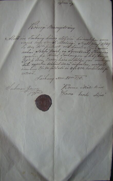 63-1696 1870 Községi bizonyitvány, viaszpecséttel (Tárkány)
