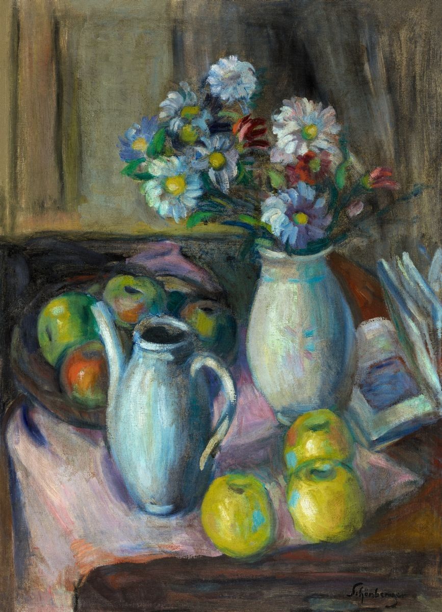 Schönberger Armand Csendélet könyvvel, almákkal