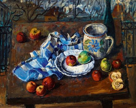Basch Andor Csendélet teraszon, háttérben őszi tájjal, 1942