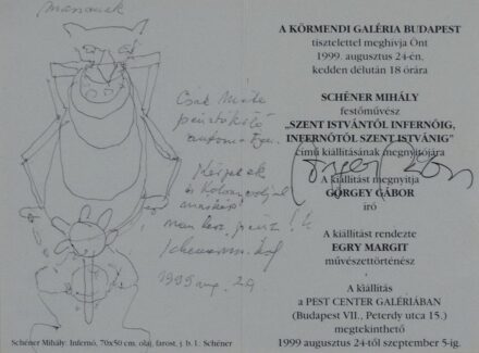 Schéner Mihály (1923 - 2009): Pénztökölő automata, 1999 - meghívó, ajánlással