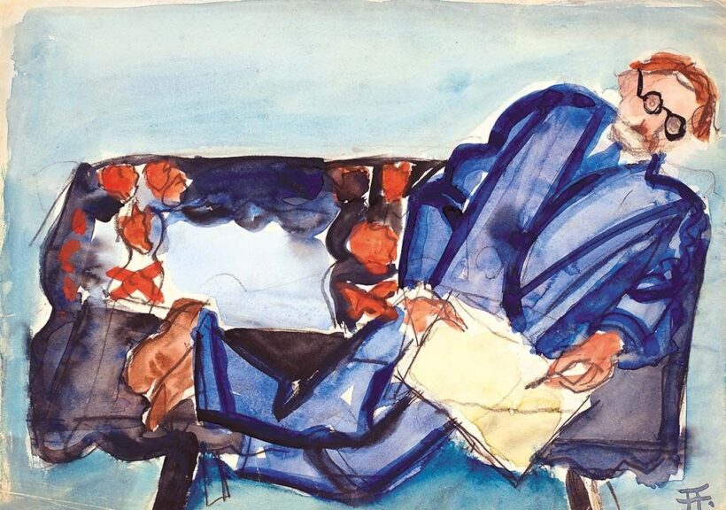 Frank Frigyes (1890-1976) Önarckép padon, Hátoldalon: Ülő nő (vázlat)
