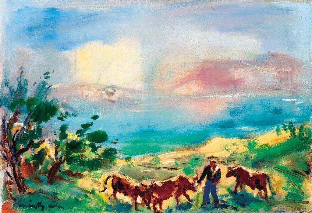 Márffy Ödön (1878-1959) Táj tóval (Domboldal háttérben a Balatonnal), 1948 körül