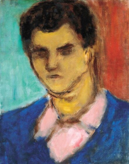 Czóbel Béla (1883-1976) Fiatal férfi portréja, rózsaszín ingben, kék ruhában, 1972