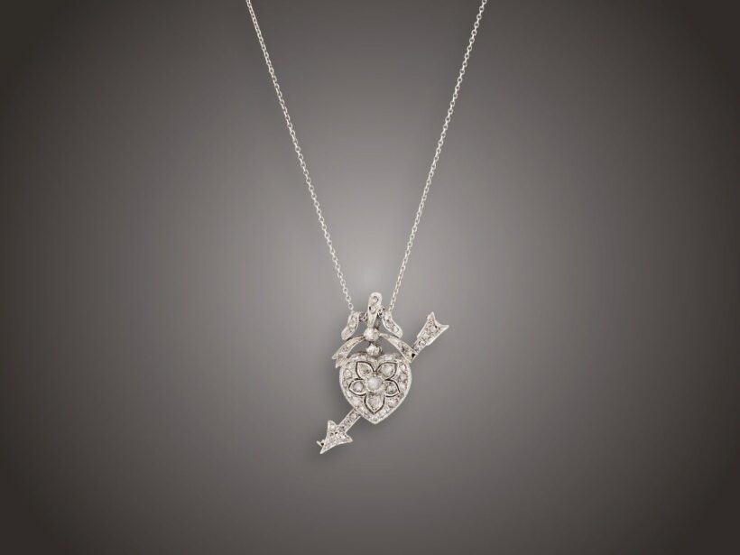 Lánc, melltű-függő, 750, 925 ag, 44 gyém. cca. 1,50 ct, 17,4 g