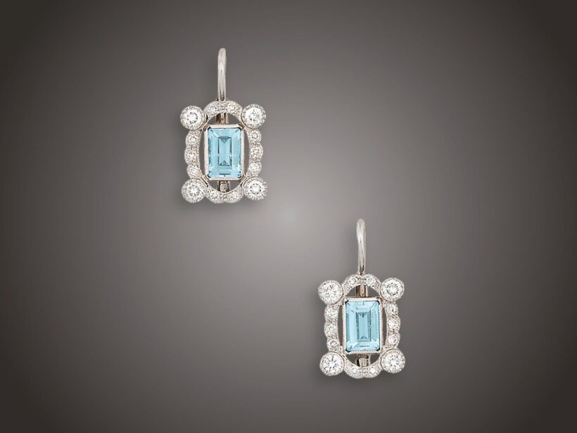 Fülbevaló, 585 au, 2 topáz, 24 bril. cca. 0,60 ct, 4,1 g