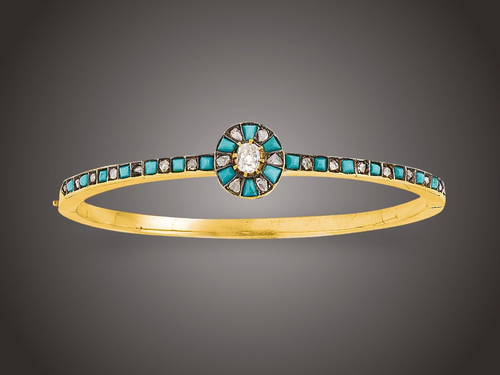 Karék, 580 au, 1 bril. cca. 0,25 ct, 20 gyémánt, türkiz, 9,8 g