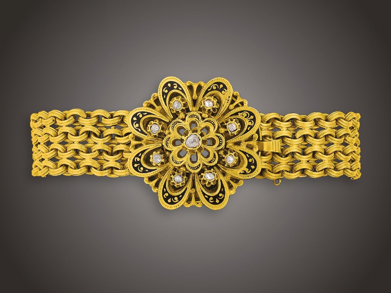 Karkötő, 750 au, 9 gyém. cca. 0,20 ct, 36,2 g