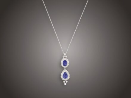Lánc, függő, 585 au, 2 tanzanit 5,17 ct, 40 bril. cca. 1,25 ct, 7,2 g