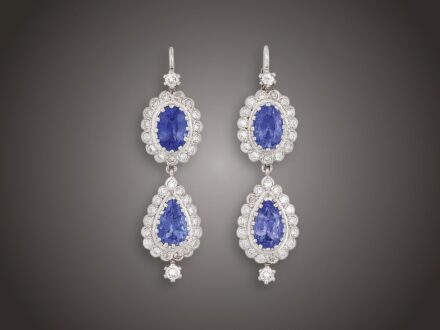 Fülbevaló, 585 au, 4 tanzanit 7,47 ct, 68 bril. cca. 1,85 ct, 10,2 g