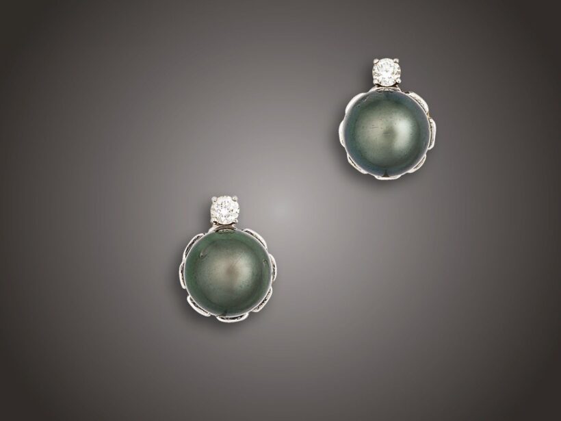 Fülbevaló, 2 t. gyöngy, 2 bril. cca. 0,40 ct, 8,0 g