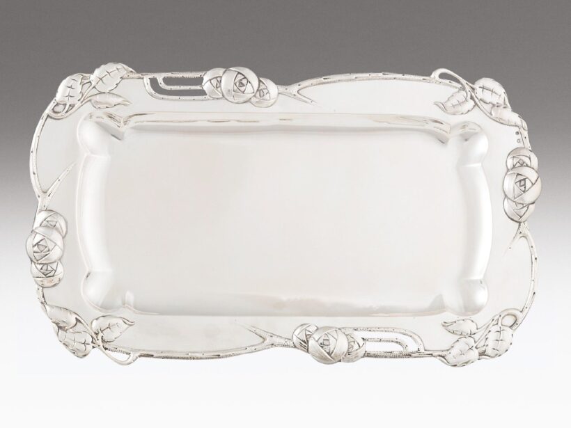 Bécsi jugendstil tálca, ezüst, 533 g.