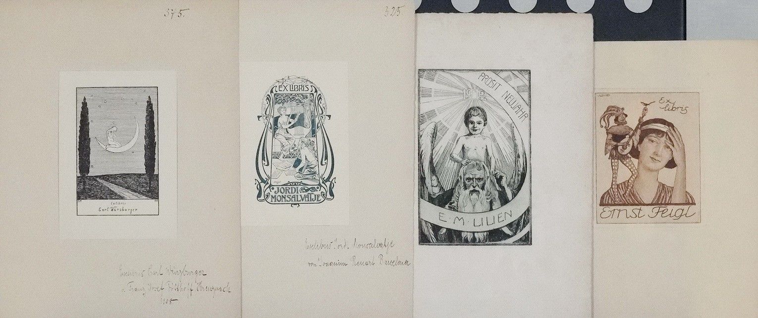 Ex libris 3 db, újévi üdvözlő 1 db, szecessziós