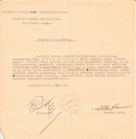 65-1567 1946 Községi bizonyítvány levente szolgálatról, Csömödér község pecsétjéval