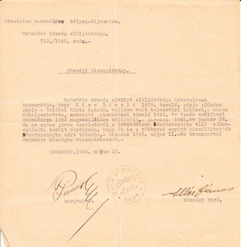 65-1567 1946 Községi bizonyítvány levente szolgálatról, Csömödér község pecsétjéval