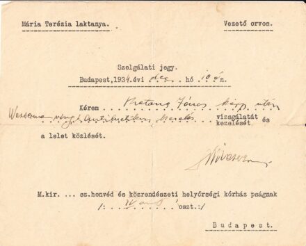 65-1568 1934 Szolgálati jegy / Budapest Mári Terézia laktanya vezető orvosától