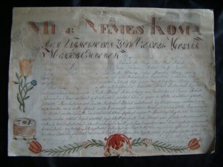 65-1033 1833. Molnár legény felszabíditó levele a Patai molnár czhé mestereitől. Kézzel díszitett, restaruál 47x34cm