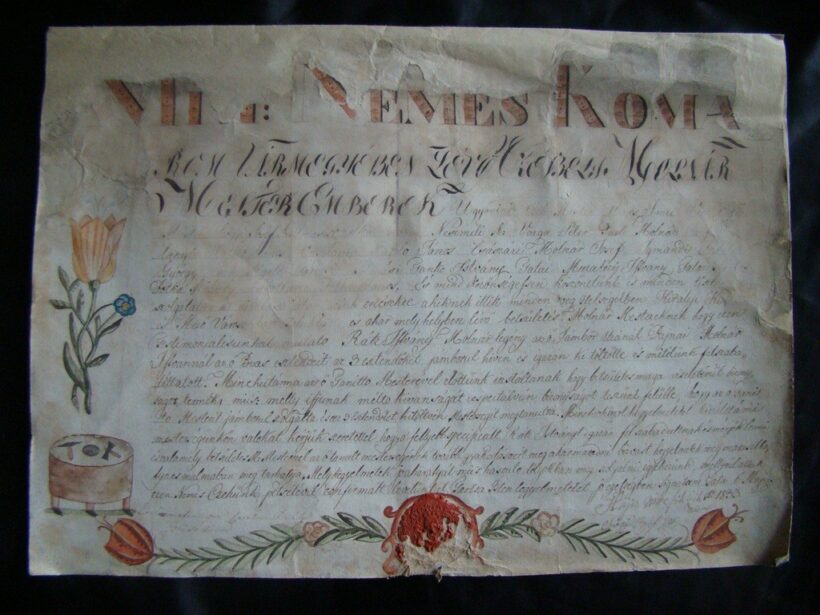 65-1033 1833. Molnár legény felszabíditó levele a Patai molnár czhé mestereitől. Kézzel díszitett, restaruál 47x34cm