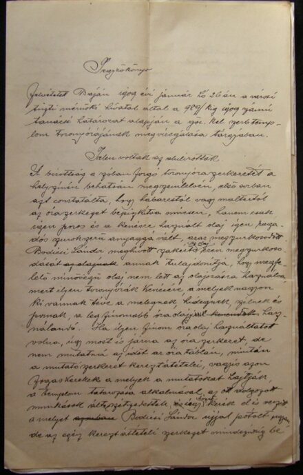 65-784 1909 Jegyzőkönyv a Bajai városi közgyülésről a helyi Görög Kath. templom toronyórájának megjavitásáról. Hegedüs András polgármesterének aláirásával