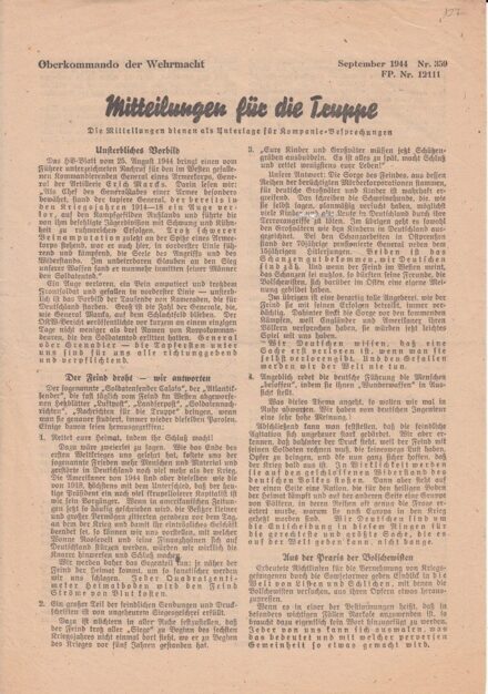 65-127 Német Véderő Főparancsnokságának 1944. szeptemberben kiadott 359. számú közleménye a csapatokhoz