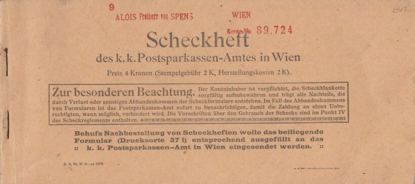 65-612 cca. 1910 Kitöltetlen bécsi postatakarék csekkfüzet/ Alois Freiherr von Spens, Morvaország egykori helytartójának csekkfüzete/