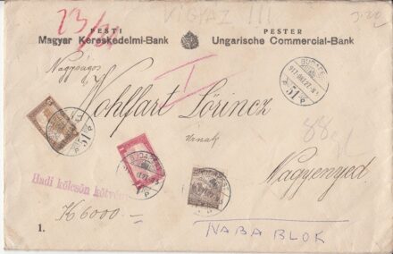 65-694 1917 Pesti Magyar Kereskedelmi Bank levélborítékja portósan feladva