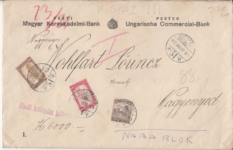 65-694 1917 Pesti Magyar Kereskedelmi Bank levélborítékja portósan feladva