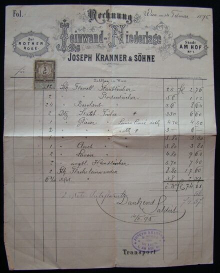 65-704 1895 Díszes fejléces számla. 5kr okmánybélyeggel "Joseeph Kranner & Shöne Wien"