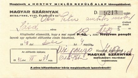 65-1229 1942 "Magyar Szárnyak" replős újság előfizetési nyugtája /Horthy Mikls Replő Alap