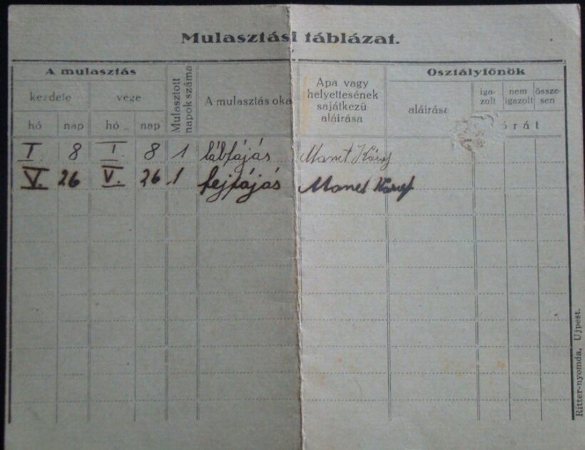65-95 1930 Iskolai mulasztási igazoló lap / Újpest