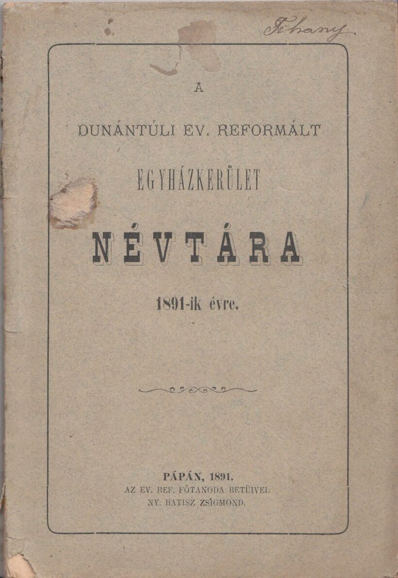 65-1434 1891 A Dunántuli Ev. Reformált Egyházkerület Névtára az 189.évről