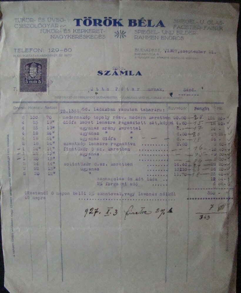 65-647 1927 Török Béla Tükör-és Üveg nagykereskedő fejléces számlája, Budapest