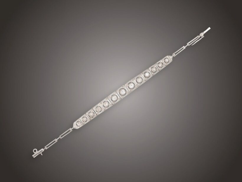 Karkötő, 925 ag, 13 bril. cca. 1,20 ct, 54 gyém. cca. 0,20 ct, 12,5 g