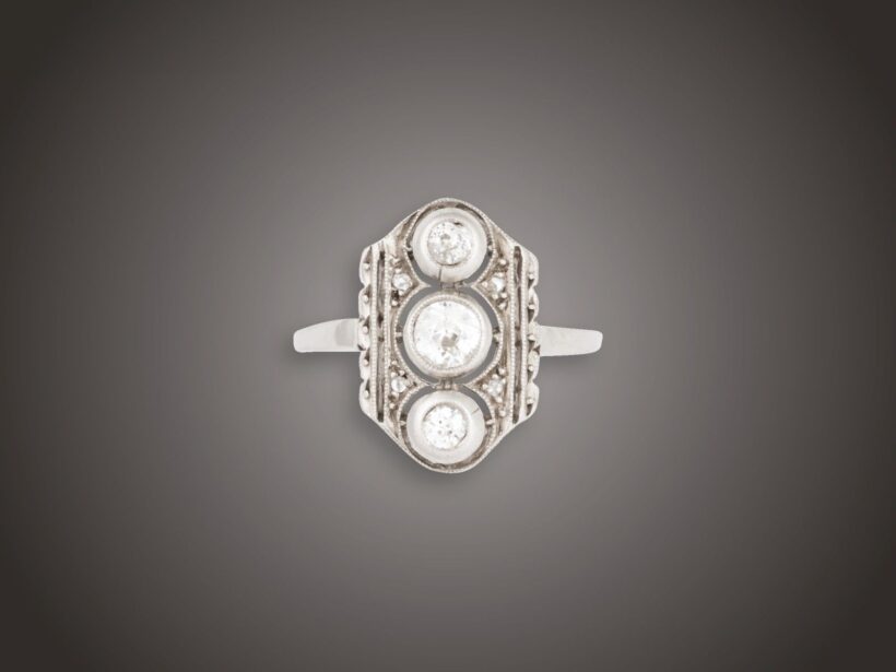 Gyűrű, 585 au, 3 bril. cca. 0,35 ct, 4 gyém., 2,8 g