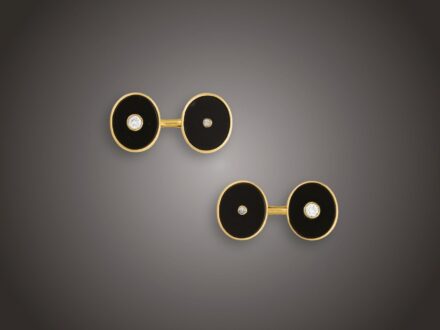 Kézelőgomb, 750 au, ónix, 4 bril. cca. 0,37 ct, 11,2 g