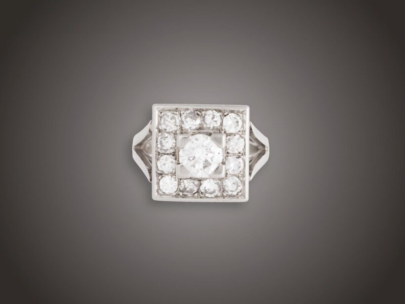 Gyűrű, 950 pt, 13 bril. cca. 1,60 ct, 7,4 g