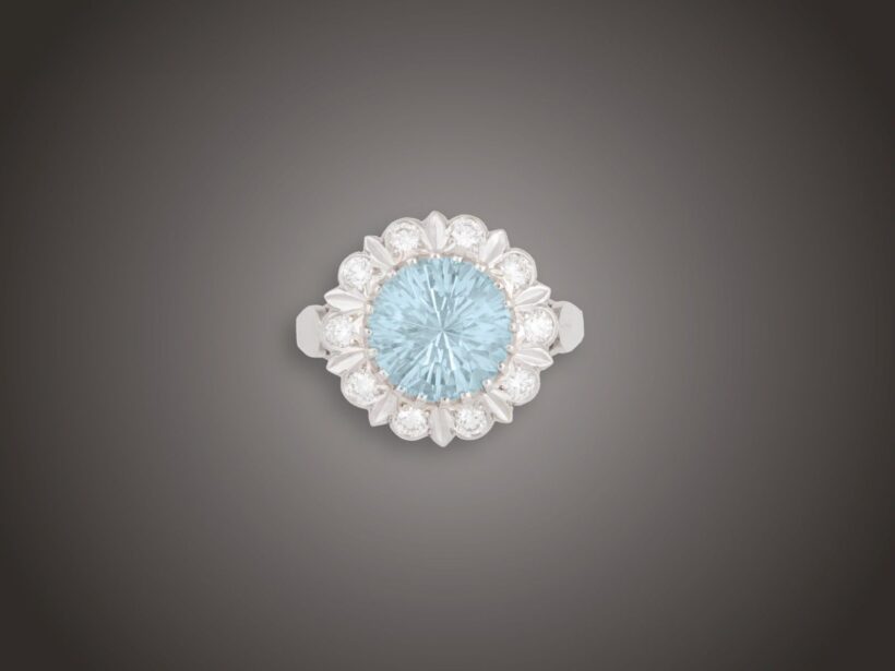 Gyűrű, 585 au, 1 topáz 5,46 ct, 10 bril. 0,50 ct, 6,9 g