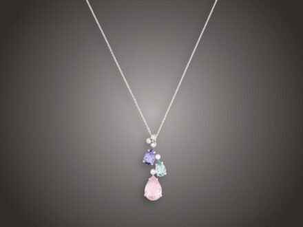 Lánc, függő, 585 au, 1 tanzanit 1,97 ct, 1 akvamarin 1,28 ct, 1 morganit 5,15 ct, 5 bril. cca. 0,40 ct, 6,5 g